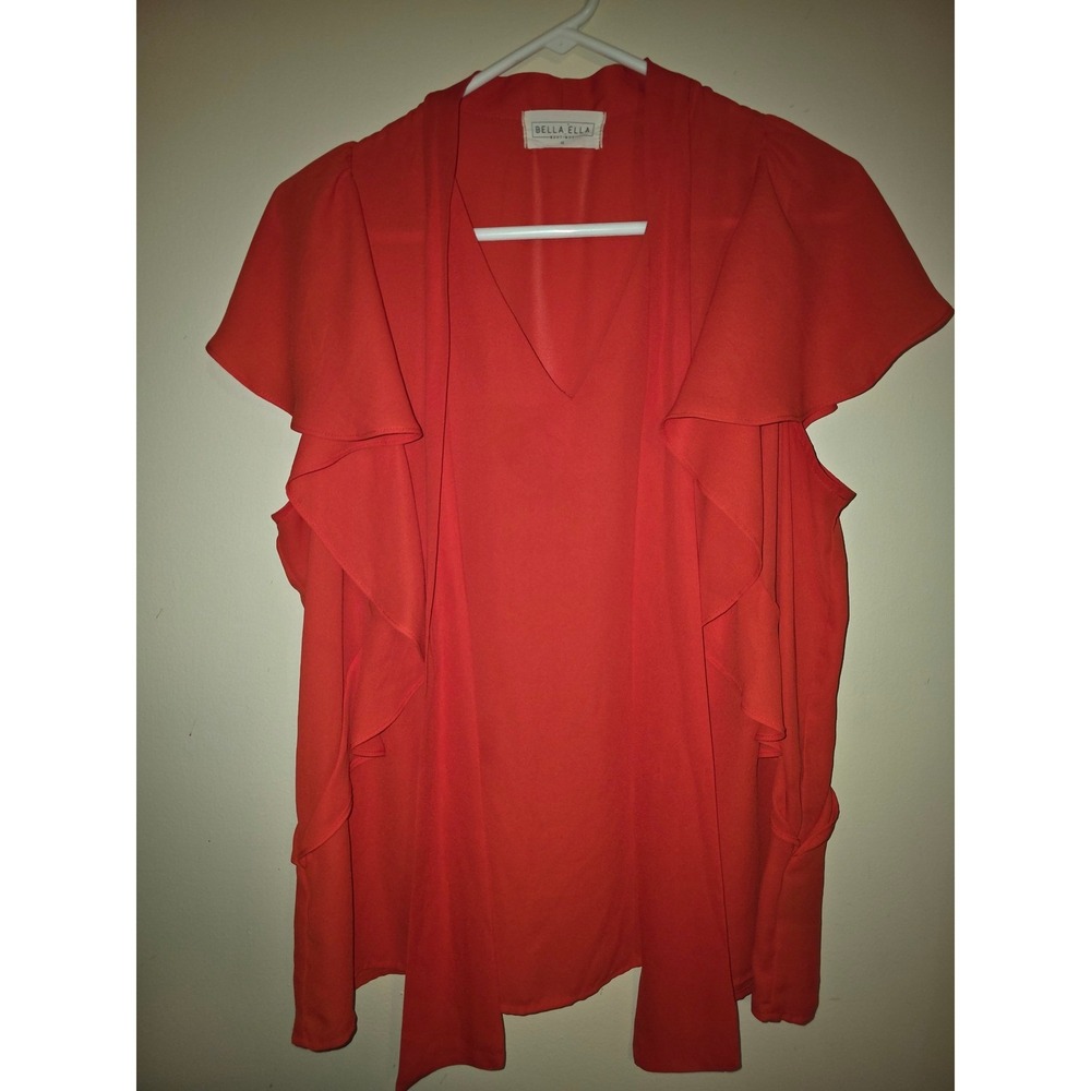 Bella Ella Boutique Red Flutter Sleeve Ruffle V-Neck Tie Front Blouse XL Womens